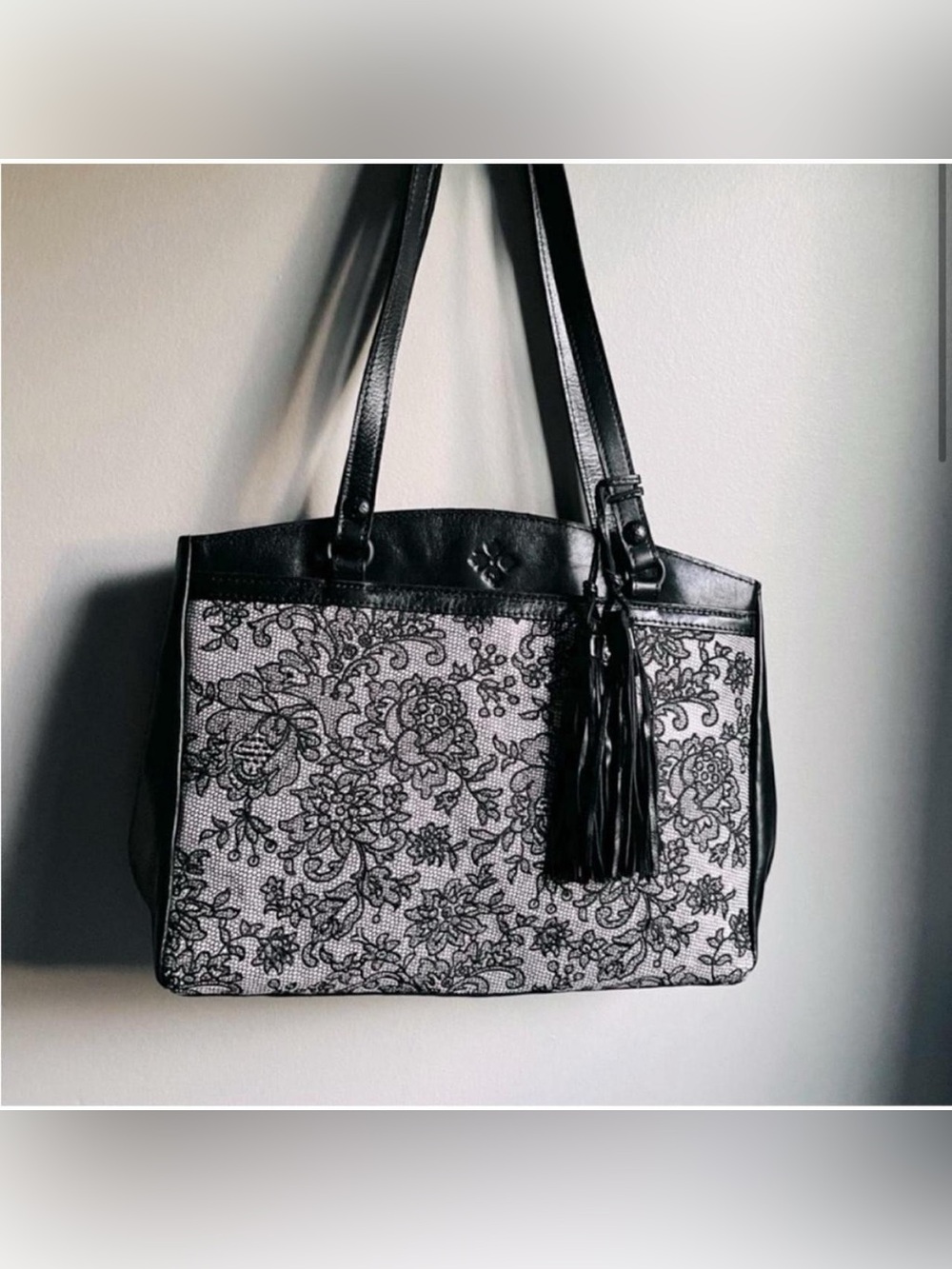 Patricia Nash Chantilly Lace Poppy Tote Genuine Leather Black and White